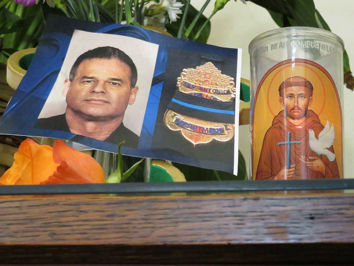 A tribute to fallen San Antonio Police Department officer Benjamin Marconi on one of the altars at Mission San Jose.
