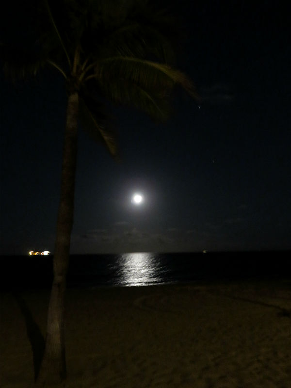 The moon reflects off the Atlantic Ocean at Fort Lauderdale Beach on the last night of this trip. - photos b Joe Alexander