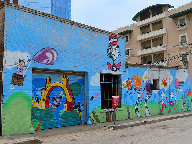Mural with Dr. Seuss characters include The Cat in the Hat near the corner of Flores and Salinas Streets in downtown San Antonio. - photo by Joe Alexander